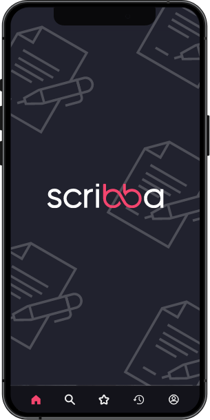 A phone screen with the logo of the erotic website Scribba, on a dark grey background with multiple note-taking icons.